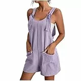 EMATOP Kurzer Jumpsuit Damen Casual Sommer Playsuit V-Ausschnitt Elegant Overall Lose Kurzarm Einteiler Latzhose mit Taschen und Gürtel Romper Klassisch Streifen Sommerhose Frauen Shorts