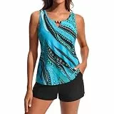 Hanna Nikole Tankini Oberteil mit Badeshorts Modisch Drucken Tanktop Zweiteiliger Badeanzug Damen Sport Tankini Damen Set Push Up Blaue Linie