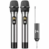 TONOR Drahtloses Mikrofon, UHF Dual Kabelloses Metall Dynamisches Mikro System mit wiederaufladbarem Empfänger, für Karaoke, Hochzeit, DJ, Party, Rede, Kirche, Klassen, 60m (TW630), Silber