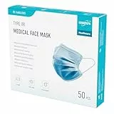 EUROPAPA® Blau Medizinisch Type IIR Norm EN14683 TÜV CE zertifizierte Mundschutzmasken OP Masken 3-lagig Mundschutz Gesichtsmaske Einwegmaske BFE ≥ 98%, 1 Box (50 Stück)