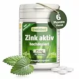 Zink aktiv, hochdosiert, 25mg - 180 Tabletten, vegan. Zinkbisglycinat - für hohe Bioverfügbarkeit. Wichtig für Stoffwechsel & Immunsystem etc. OHNE künstliche Zusätze - laborgeprüft. Von Greenfood.