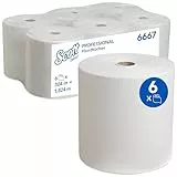 Scott gerollte Papierhandtücher 6667, 1-lagige, saugfähige und reißfeste Papierhandtuchrollen, mit FSC- und EU Ecolabel-Zertifizierung, weiße Handtücher für Spender, 6 Rollen x 304 m (1.824 m insg.)