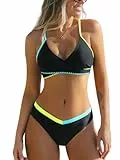 CUPSHE Damen Bikini Set V Ausschnitt Zweiteilige Bademode Farbblock Ausschnitte Kreuzverbund Rücken Selbstbindend Badeanzug Damen Schwimmanzug Schwarz L