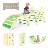 7-in-1 Montessori Kletterdreieck mit Kissen – Holz Kletterspielzeug für Kleinkinder 1-3 Jahre – Indoor Kletterbogen mit Rutsche, Leiter & Spielbogen (Green)