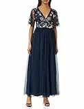Maya Deluxe Damen Womens Maxi Dress Ladies Embellished Spot Mesh A-line V-Neck for Wedding Guest Bridesmaid Prom Ball Occasion Kleid, Navy, 46 EU