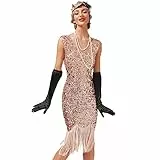 FYMNSI Damen 1920er Jahre V-Ausschnitt Pailletten Fransen Kleid Flapper Charleston Kleider Cocktailkleid Partykleid Gatsby Pailletten Quasten Abendkleid 20er Jahre Kost?m Abschlussballkleid Rosa S