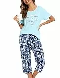 ENJOYNIGHT Schlafanzug Damen Kurz Pyjama Set Baumwolle Nachtwäsche Kurzarm-Top und 3/4 Lange Hose Hausanzug Sommer Sleepwear (Large,Weiße Katze)