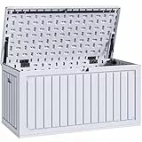 YITAHOME 303L Gartenbox Auflagenbox, HDPE Aufbewahrungsbox mit Schloss & Seitengriffen, Wetterfeste Sitzbank für Terrasse, Gartenmöbel, Kissen, Poolzubehör, Weiß