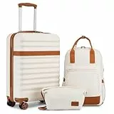 KONO Koffer Trolley Handgepäck Koffer Reisekoffer von ABS+PC Hartschalenkoffer mit 4 Rollen TSA Schloss Koffer Set Enthält 1 Reiserucksack und 1 Kulturbeutel(Creme/Braun,Kofferset 3 Teilig)