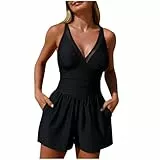 Badeanzug Damen V Ausschnitt Mit Wickeloptik Breite Träger Formende Taille Integrierte Shorts Mit Taschen Leichte Rockform Uni Design Figurbetonte Linienführung