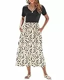 AUSELILY Sommerkleid Damen Lang Kurzarmkleid Maxikleid Damen Sommer V Ausschnitt Empire Taillen Strandkleider mit Taschen Schwarzes Blatt Schwarz L