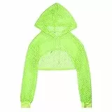 FYMNSI Festival Outfit Damen Techno Rave Oberteil Bauchfrei Crop Top Langarm Netz T-Shirt mit Kapuze Casual Kleidung Frauen Netzoberteil Netzpullover Sommer Cropshirt f?r Party Strand Urlaub Gr?n L