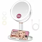 B Beauty Planet 20cm 30 Fach Spiegel, Kosmetikspiegel mit Beleuchtung Vergrößerungsspiegel mit Licht, Dreifarbiger Lichtmodus Helligkeit/Höhe Einstellbar (20cm Große Spiegel-Weiß)