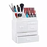 Relaxdays Make Up Organizer mit 21 Fächern, Kosmetik Tower für Lippenstift, Nagellack, Schminke, Acryl Make Up Box, weiß, 29,5 x 23,5 x 14 cm