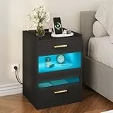 YITAHOME Nachttisch, Beistelltisch mit LED-Lichtern und Ladestation, Nachttischschrank Nachttisch mit Aufbewahrungsschubladen für Wohnzimmer Schlafzimmer, 40 x 40 x 60 cm, Schwarz