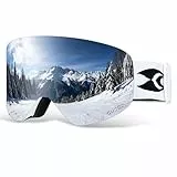suoso OTG Skibrille mit Anti-Beschlag-Doppelschichtgläsern-Snowboard Brille 100% UV400-Schutz Ski Brille für Damen und Herren Magnetischer Linsenwechsel Weißer Rahmen mit Silberfolie