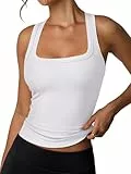REORIA Built in BH Tank Tops für Damen Sommer Ärmellos Racerback Quadratischer Ausschnitt Lässiges Basic RIPP Tops Trendiges Shirt Weiß S