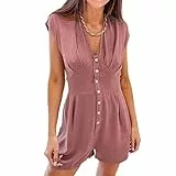 Damen-Strampler mit V-Ausschnitt, Knopfleiste, Hohe Taille, Reine Farbe, Kurze Sommer-Overalls, Kurzer Strampler mit V-Ausschnitt, Damen, Kurzer Sommer-Strampler für Den Täglichen(m-Bräunlichrot)