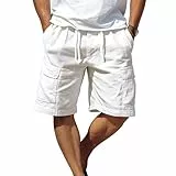 ZWDC Kurze Hosen Herren Bermuda Shorts Leinenhose mit Gummibund Tunnelzug Mehrere Taschen Männer Locker Passform Leicht Sommer Hose für Freizeitmode Reise Outdoor City