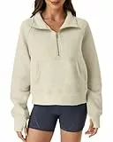 Friptspyg Damen Sweatshirts Warm Langarm Winter Pullover mit Viertel-Reißverschluss und Groß Tasche, Khaki S