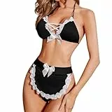 3 Stück Sexy Dienstmädchen Uniform Dessous Damen Maid Cosplay Spitze Neckholder Kostüm Rollenspiel Frauen Nachtwäsche Tief V BH Top Reizwäsche Lingerie Rückenfrei für Halloween (Schwarz, S)