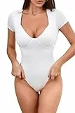 BEINF Body für Damen Sexy Tiefen V-Ausschnitt Kurzarm Schlankmachen Ausgehen Tanga Bodysuit Tops Weiß M