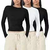 3er Pack Langarmshirt Damen Basic Slim Fit Y2K Oberteile Langarm Shirts Rundhals Cropped Tee Shirts Einfarbig Basic Crop Tops Casual Athletisches Top Schwarz XS