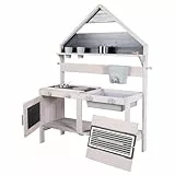 roba Matschküche für Kinder in Hausoptik - Funktionelle Outdoor Spielküche inkl. Zubehör für Mädchen & Jungen - FSC-zertifiziertes Massivholz - Grau lasiert