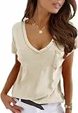 Imily Bela Damen T-Shirt Kurzarm V Ausschnitt Sexy Sommer Oberteile Tops Tunika Casual Tee Locker(Khaki,L)