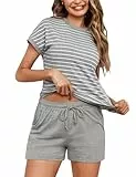 Litherday Schlafanzug Damen Kurz Baumwolle Zweiteiliger Pyjama Set Sommer Gestreift Sleepwear Kurzarm Nachtwäsche Rundhals mit Tasche Hellgrau L