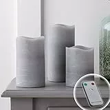 Lights4fun 3er Set LED Kerzen mit Fernbedienung Timer warmweiß Innen Deko Grau Echtwachskerze Weihnachten Kerze Advent Weihnachtsdeko Grau