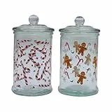 Dekohelden24 Aromadose, Frischhaltedose, Glasbehälter mit Weihnachtsmotiv, Keksdose mit Lebkuchen & Zuckerstangen Motiv, H/Ø: 15 x 8 cm, Fassungsvermögen 300ml pro Glas, Lieferumfang 2 Vorratsgläser.
