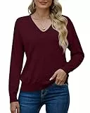 PrinStory Damen Pullover Langen Ärmeln Sweatshirts V-Ausschnitt Weiche Einfarbige Oberteile Lässige Strickwaren (Weinrot, XXL)