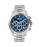 BOSS Herren 43mm Chronograph Quarz Uhr Hero Kollektion mit Silbernem Edelstahlarmband, Blauem Zifferblatt, Datumsfunktion, 3 Sub-Dials, Wasserdicht bis 5ATM - 1513755