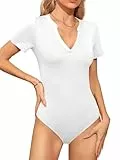 Missufe Damen Sommer Body V-Ausschnitt Kurzarm Figurbetonte Freizeit T-Shirt Bodysuit Tops (Weiß, XX-Groß)