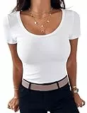 Aottori Damen T-Shirt Rundhals Stretch Tee Shirts Kurzarm Basic Oberteile Eng Rippshirt Sexy Casual Tops Einfarbig Weiß M