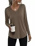 Aottori Pullover Damen Hoodie Langarm V-Ausschnitt Pullover Sweatshirt Kapuzenpullover Einfarbig Braun M