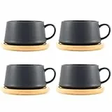Hanseküche Kaffeebecher Set 6 x 360ml | Kaffeetassen aus hochwertiger, massiver Keramik | große Henkel | Tassen | Kaffee, Tee | Große Becher | Spülmaschinenfest (Schwarz mit Unterleger, 4er Set)