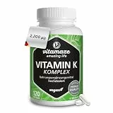 Vitamin K Komplex hochdosiert & vegan, K1 1.000 mcg + K2 Menaquinon (1.000 mcg MK4 + 200 mcg MK7), 120 Kapseln für 4 Monate, beste Bioverfügbarkeit, Made in Germany