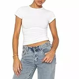OOHOKAY Damen Basic T-Shirt Klassischer Schnitt Sommer Tee Shirts Kurzarm Crop Tops Y2K Slim Fit Oberteile Einfarbiges Elegant Tshirt(Weiß-B,XS)