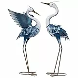 TERESA'S COLLECTIONS Gartendeko für draußen, Fischreiher Metall Kraniche Gartenfiguren für Teich 2er Set 66/63cm große Vogel Kranich im Rost-Optik Dekofiguren Fischteich,Geschenke für Frauen(Blau)