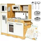 Mamabrum Holz-Spielküche LED-Beleuchtung, Kinderküche Zubehör Set - Ofen, Mikrowelle, Kochfeld, Wasserhahn, Kühlschrank & Spielzeug-Kochutensilien für Kinder (15 Teile)