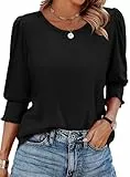XIEERDUO Bluse Damen Rundhals 3/4 Ärmel Oberteile Elegant Sommer Tunika Tops Longshirt Lässige T-Shirt Gebogener Saum Schwarz L