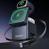 iVANKY für iPhone 16/15/14 Pro Max 5 in 1 Ladestation Cube mit Einziehbarer Kabel & 65W-Netzteil für Magsafe Wireless Charger, Induktive Kabellose Ladegerät Schnellladung, Apple iWatch Ultra, AirPods