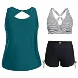 ZWDC Tankini Damen Bauchweg 3 Teilig Badeanzug mit Shorts Streifen Bikini Oberteil und Lockeres Schwimmshirt Tank Top Set für Strand Pool Urlaub Outdoor Wassersport