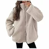 Fulidngzg Teddyjacke Damen Winter Teddyfleece Jacke Doppelschieber Reißverschluss Winterjacke Thermal Teddy Wintermantel Einfarbig Revers Fleecejacke Flauschig Plüschjacke Outdoor Fleecemantel