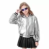 LOLANTA Mädchen Silber Bomberjacke, Glänzende Metallic Kurzjacke mit Reißverschluss und Taschen, Leichte Übergangsjacke für Kinder (Silber, 8-9 Jahre, Größe 140)