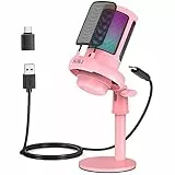 NJSJ Gaming Mikrofon PC, USB Microphone für PC/PS4/PS5/Mac/Telefon, Kondensatormikrofon USBC mit Touch-Stummschaltung, Brillante RGB-Beleuchtung, Kopfhöreranschluss für Streaming(Rosa)