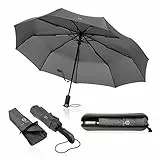VON HEESEN Regenschirm sturmfest bis 140 km/h - inkl. Schirm-Tasche & Reise-Etui - Taschenschirm mit Auf-Zu-Automatik, klein, leicht & kompakt, Teflon-Beschichtung, windsicher, stabil (Grau)