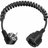 Schutzkontakt Verlängerung, Schutzkontakt Spiralkabel 3x1mm², 0,6m bis 2 m Max, IP20 Verlängerungskabel, Spiral Kabel mit Schuko Stecker, Kupplung für Zuhause, Büro, Außenbereich, Schwarz(230V/16 A)